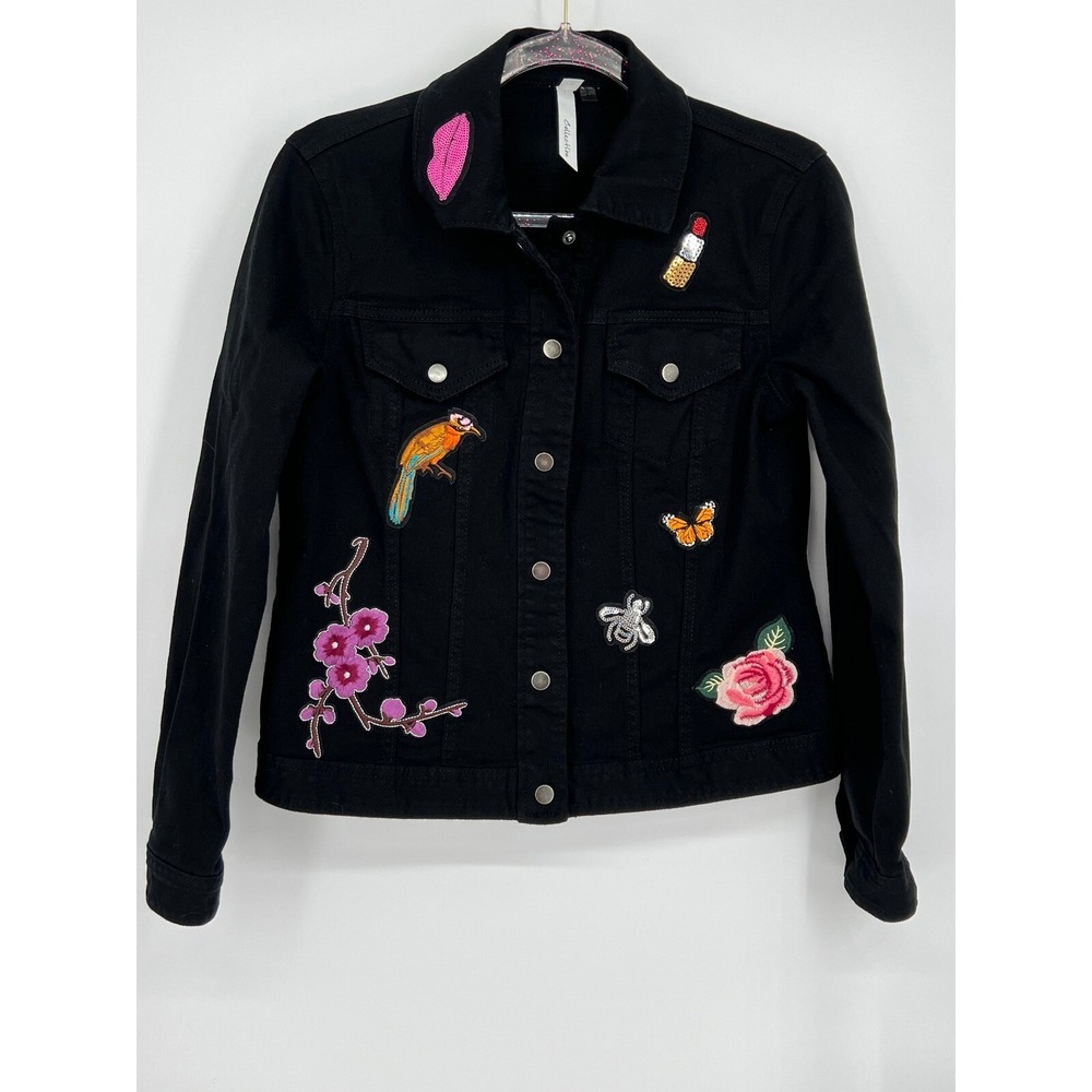 Maurices Denim Jacket Embroidered Patches Lips Flowers Jean Jacket Black Sz S‎